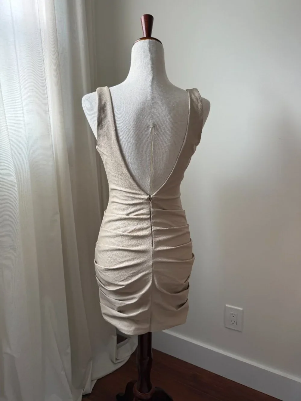 Naked Wardrobe Ruched Mini Dress Beige Tan Square Neck Bodycon Medium
